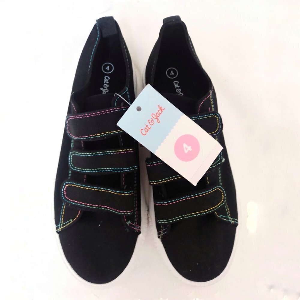 Cat & Jack kids Black Canvas Rainbow Stitch Sneakers 4 NWT